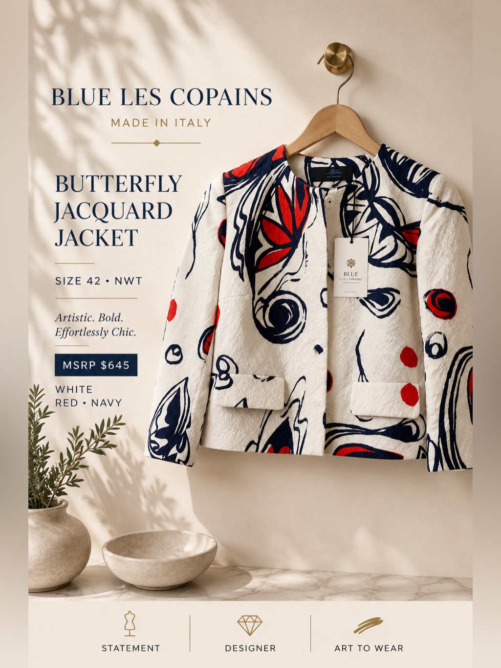 Blue Les Copains Butterfly Jacquard Cropped Jacket White Red Navy Size 42
